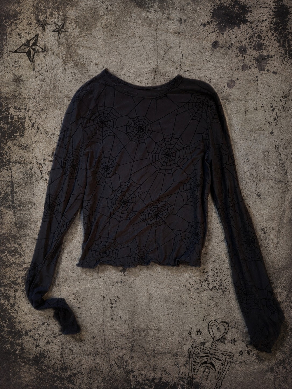 Black Long-Sleeve Spiderweb Print Crop Top